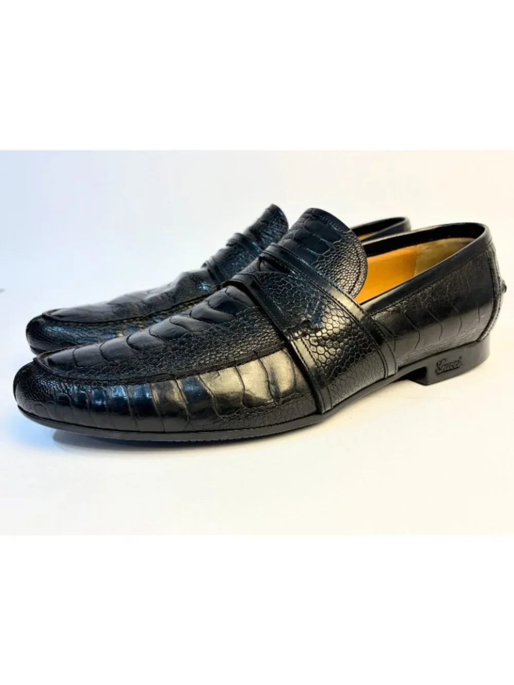 Gucci Genuine Full Ostrich Leg Penny Loafers Black Size 8.5/9.5 US Rubber Sole